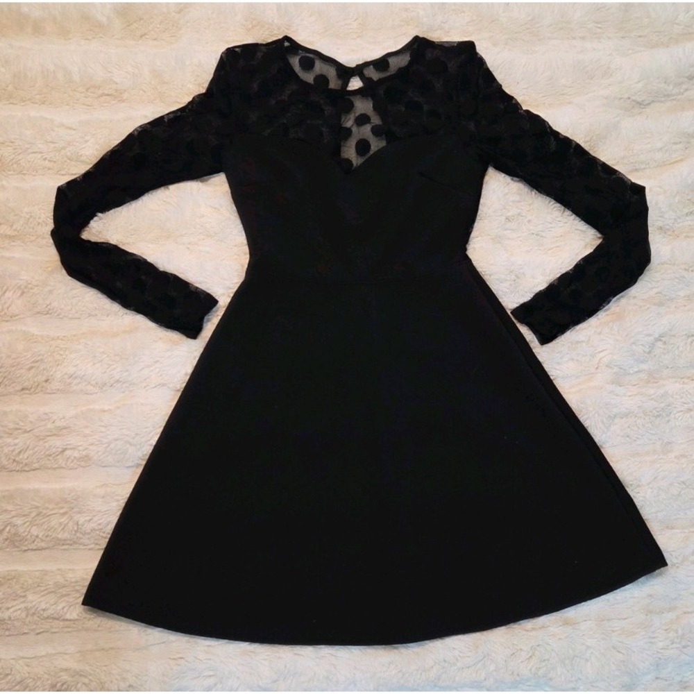 Lulus‎ Black Romantic Whimsigoth Mini Dress Sheer Polka Dot Mesh Sleeves Size S